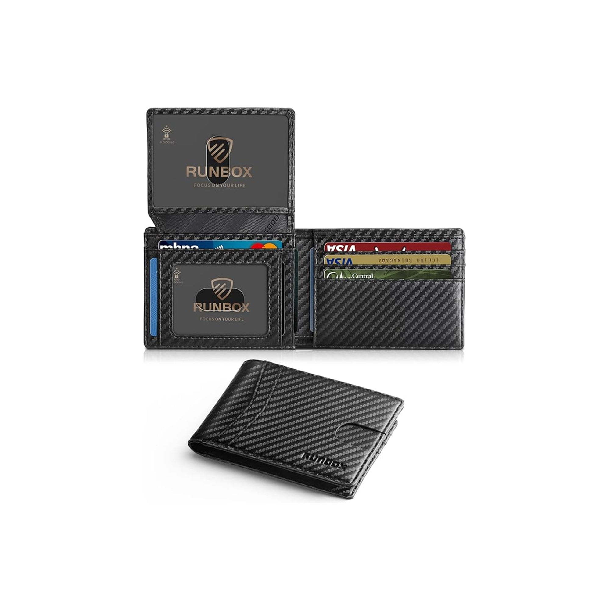 RUNBOX Slim RFID Leather Wallet for Men – Minimalist Wallet with 2 ID Windows & Gift Box