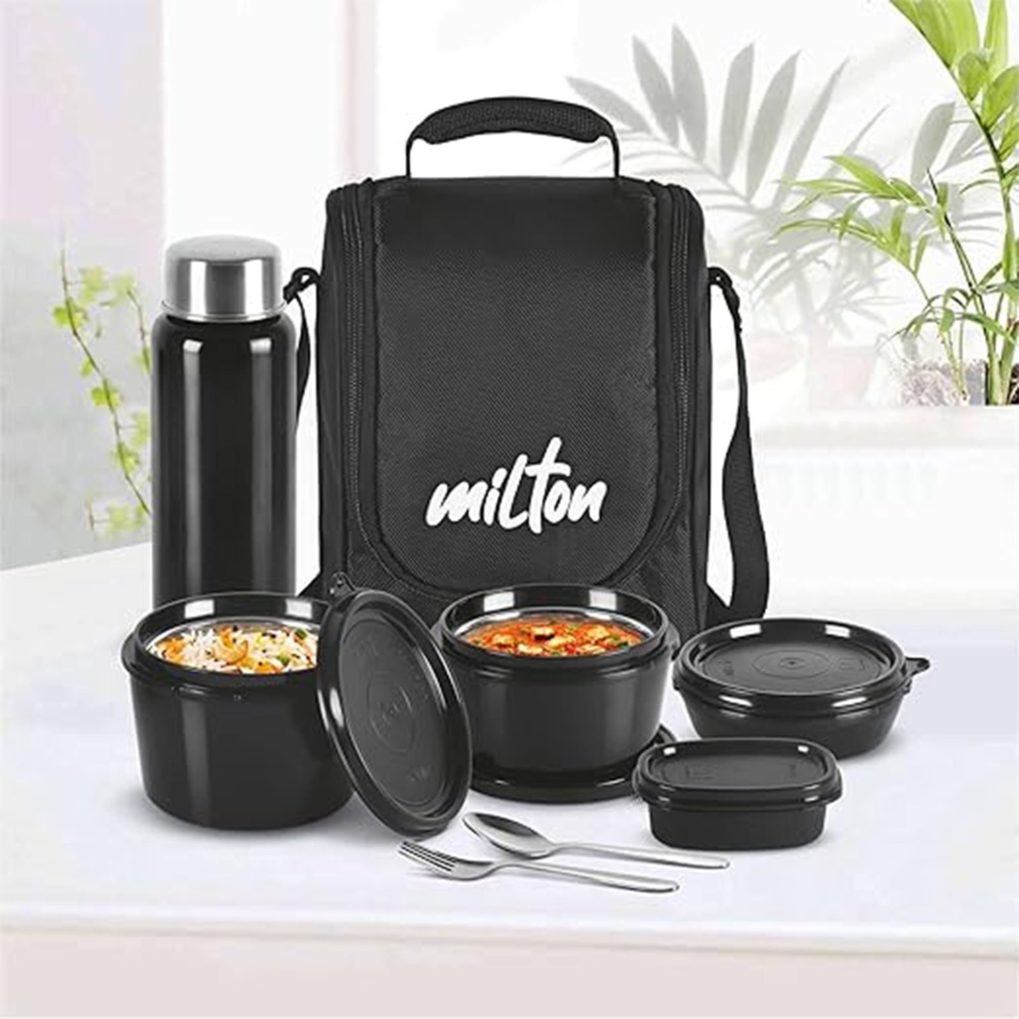 MILTON 8-Piece Pro Lunch Box Set with Insulated Bag & Cutlery Black – Complete Office Tiffin Set with Containers & Bottle