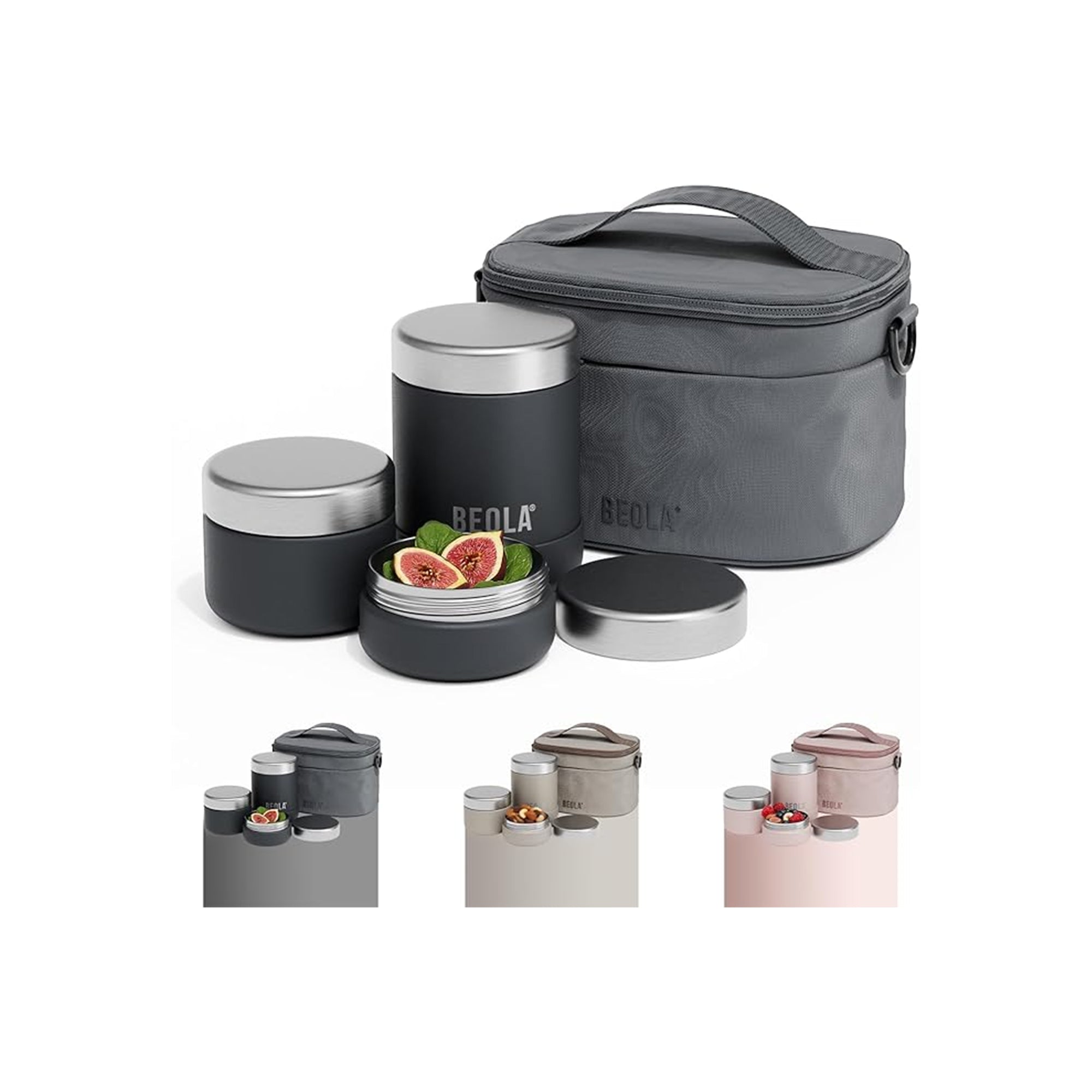 BEOLA Lunch Set with Bag Includes 450ml Thermos and 2 Stainless Steel Food Jars Lava Gray – Complete Tiffin Set with Thermos & Food Containers