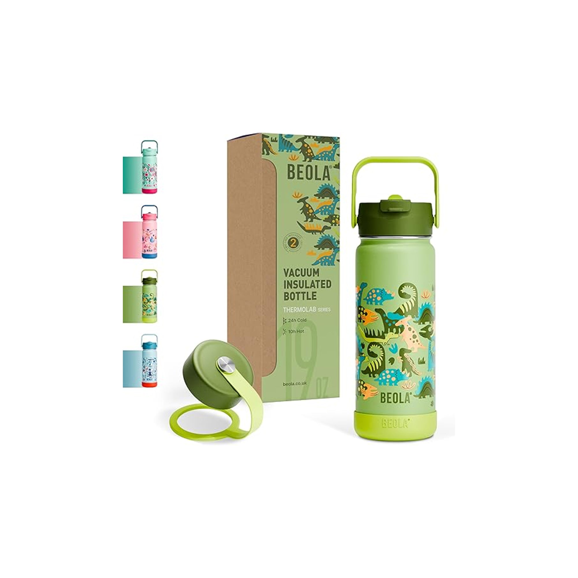 BEOLA Kids Water Bottle 550ml – 18/8 Stainless Steel Double Wall Insulated Thermos with Straw Lid and Wide Mouth, Dino Dreams Design