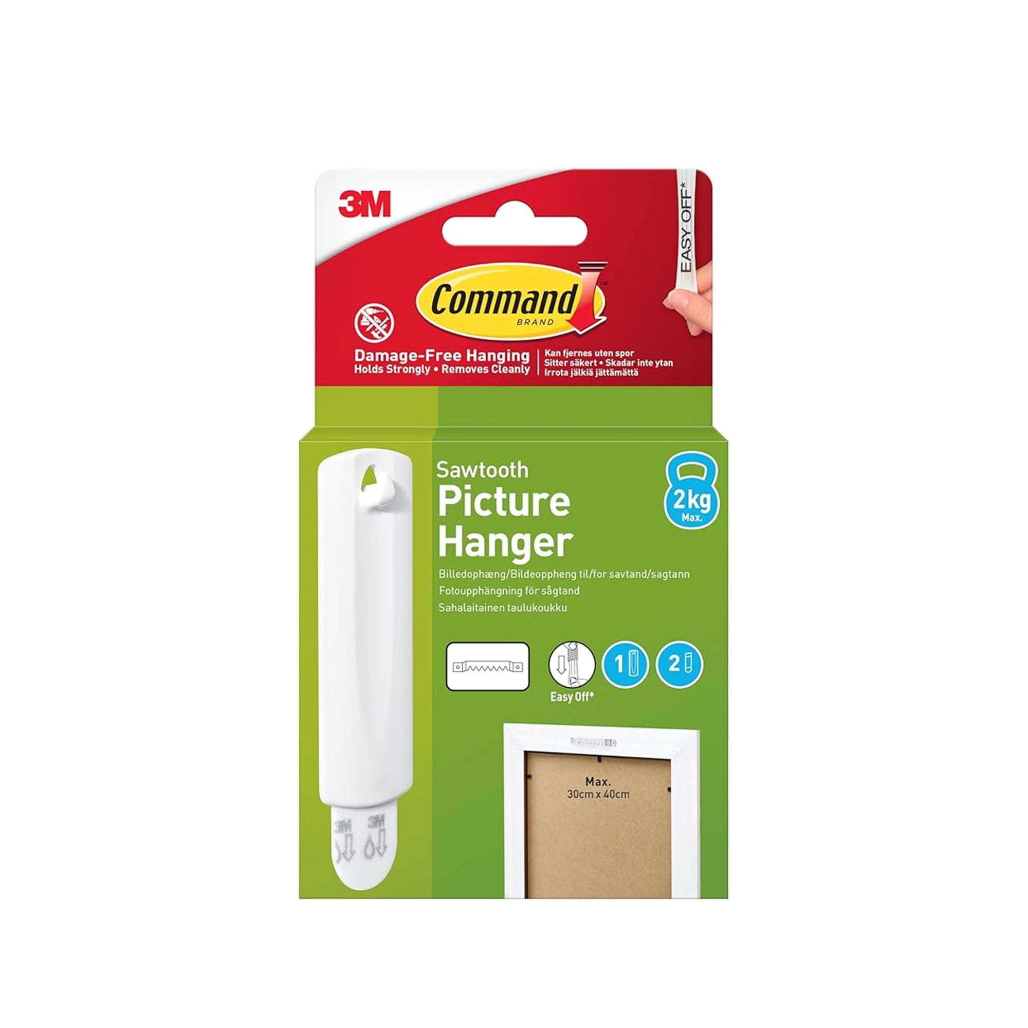 Command Sawtooth Large Picture Hanger – White, Damage-Free Wall Hook with Adhesive Strips, Holds up to 2 kg per Hook, No Tools Required