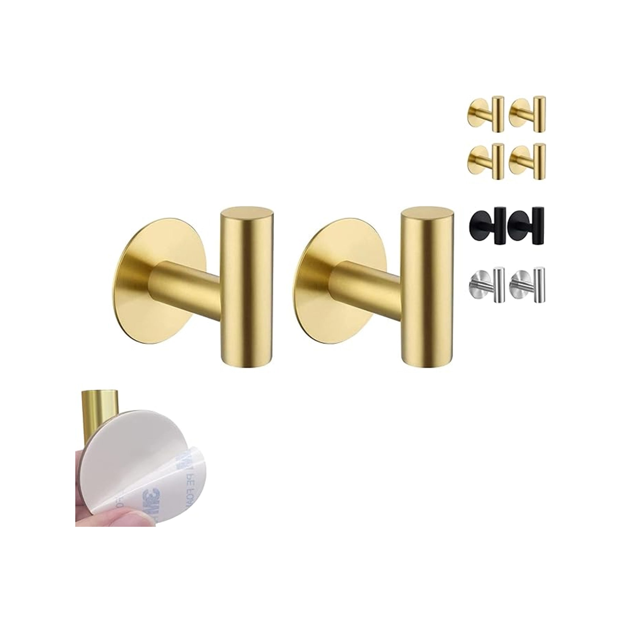 Gold Adhesive Wall Hooks 2-Pack – No Drill Stick-On Hangers for Towels, Clothes, Coats and Keys, Self-Adhesive Bathroom and Kitchen Organizer