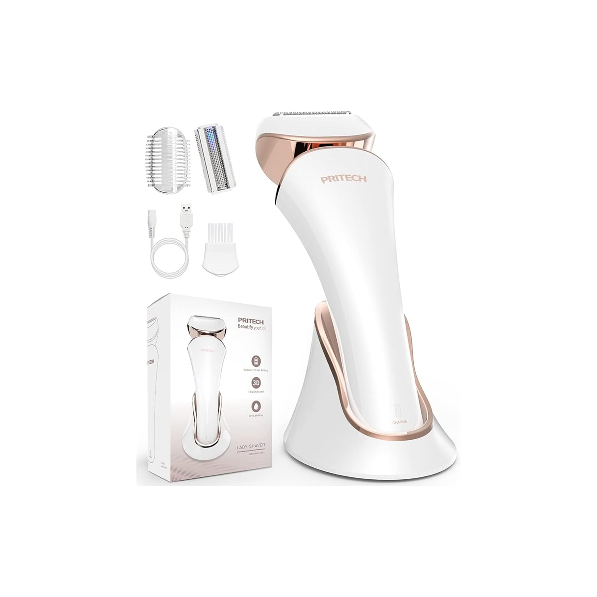 PRITECH Electric Shaver for Women USB Rechargeable Wet & Dry Cordless Lady Razor for Legs, Arms, Underarms and Bikini