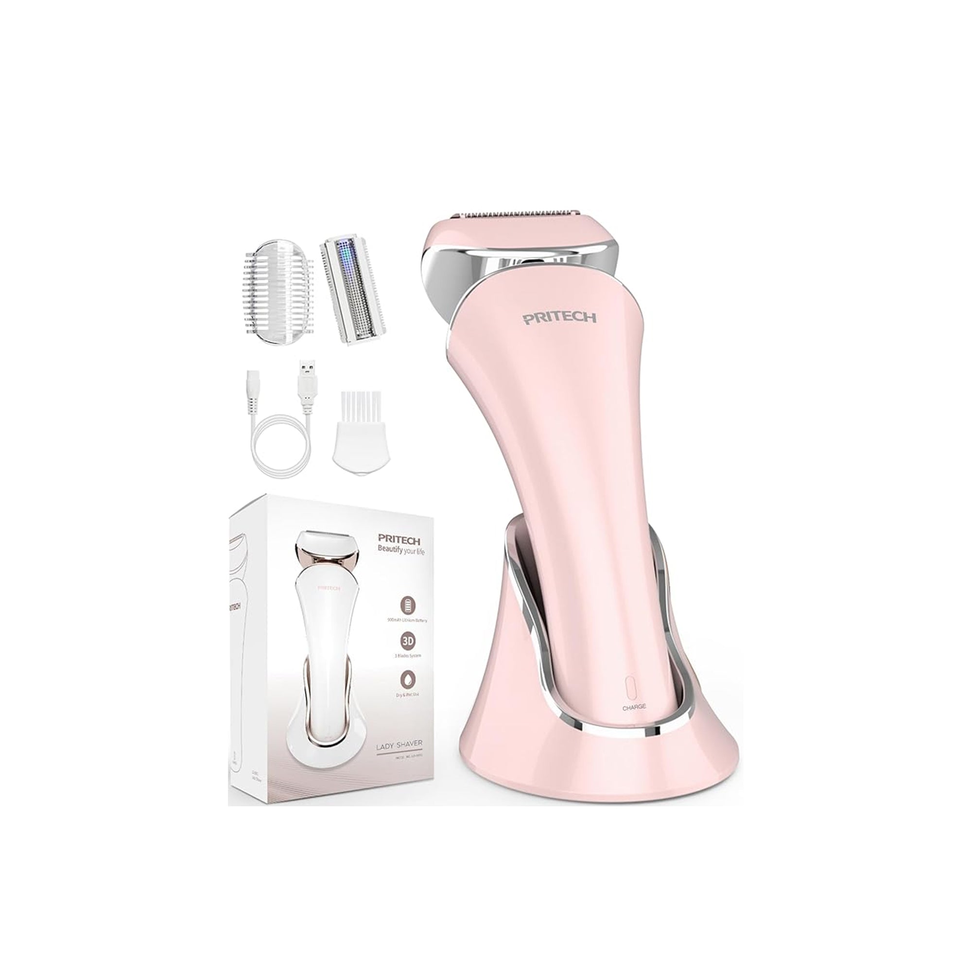 PRITECH Electric Shaver for Women – USB Rechargeable Cordless Wet & Dry Lady Razor for Legs, Arms, Underarms, and Bikini Area