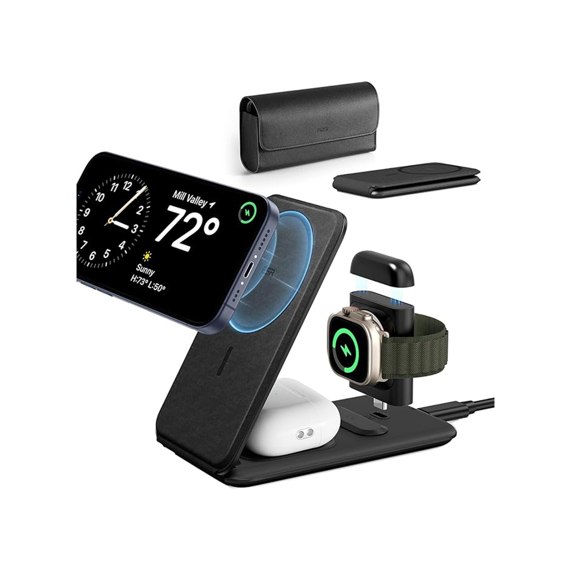 ESR 3-in-1 Travel Charging Station – MagSafe-Compatible Foldable Magnetic Wireless Charger for iPhone 17/16/15/14/13/12 Series, Apple Watch Certified, and AirPods (Black)