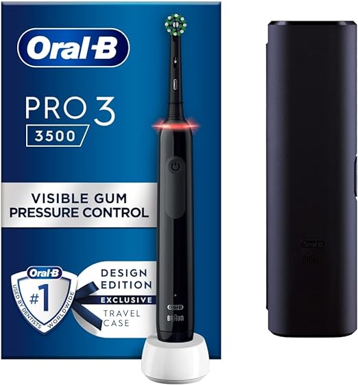 Oral B Pro 3 3500 Black Electric Toothbrush Visible Pressure Sensor 1 Brush Head Travel Case Designed by Braun