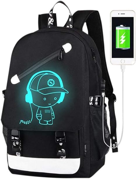 FLYMEI Anime Luminous Backpack for Boys, 15.6'' Laptop Backpack with USB Charging Port, Bookbag for School with Anti-Theft Lock, Black