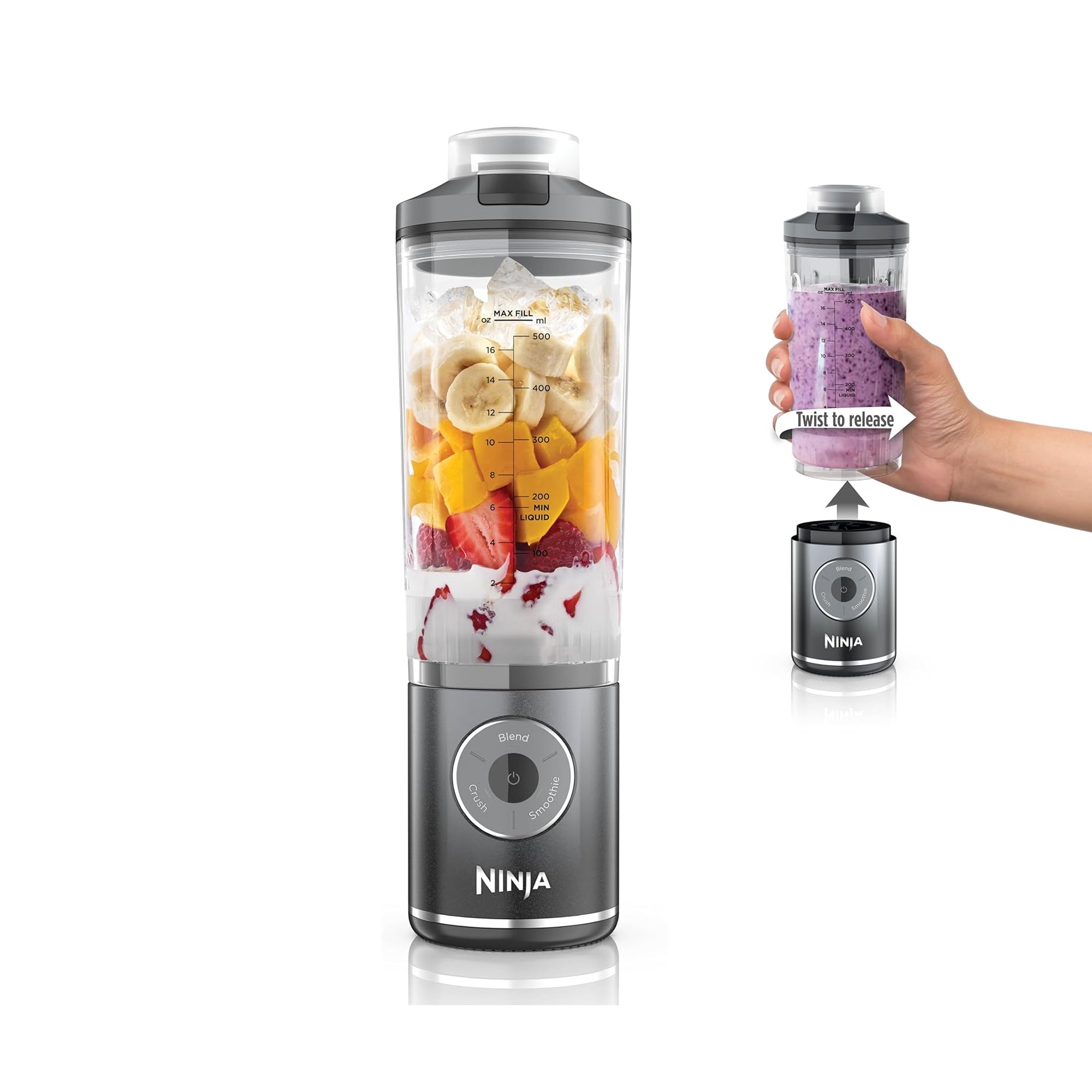 Ninja Blast Max Portable Personal Blender BC251GY – Cordless Smoothie Blender with 3 Programs, Ice Crushing & 22 oz Leakproof Vessel
