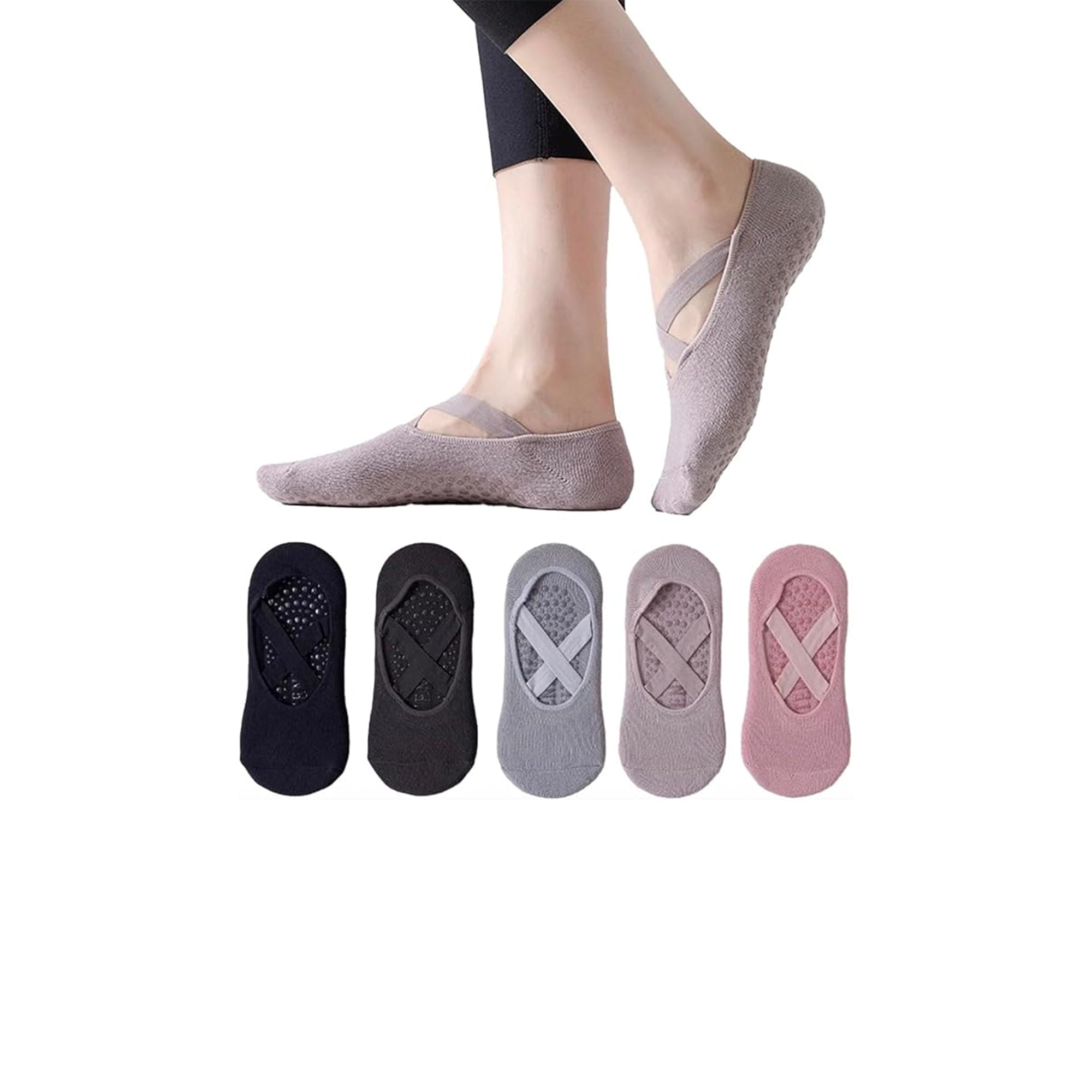 5 Pairs Yoga Socks for Women – Non-Slip Grip Socks with Straps for Pilates, Barre, Ballet, Dance and Barefoot Workouts
