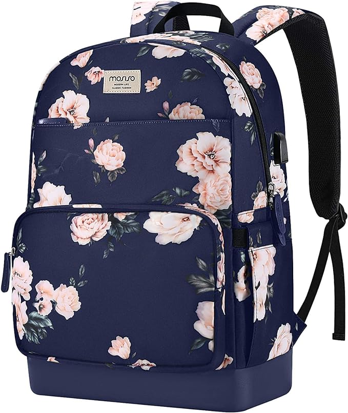 MOSISO 15.6-16 inch Laptop Backpack for Women Girls, Polyester Anti-Theft Stylish Casual Daypack Bag with Luggage Strap & USB Charging Port,