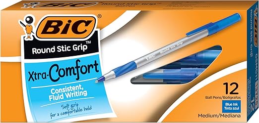 BIC Round Stic Grip Xtra Comfort Ball Pen 1.2 mm Medium Point Blue 12 Count Smooth Writing Pens