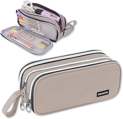 COLOCASTLE Large Pencil Case 3 Compartments Gray School Office Pencil Pouch For Girls Boys Teens