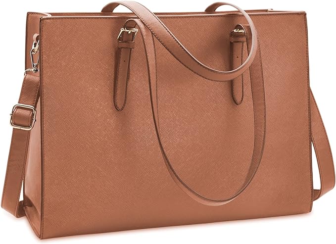 Laptop Bag for Women Waterproof Lightweight Leather 15.6 Inch Computer Tote Bag, Brown, L