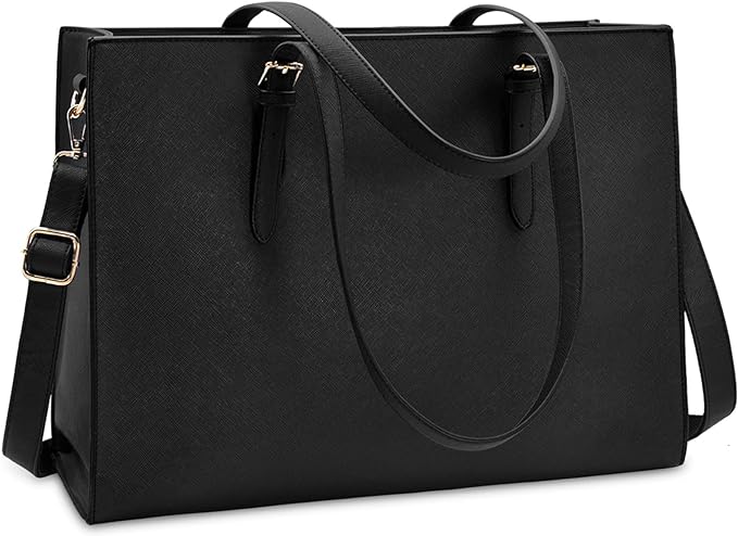 Laptop Bag for Women Waterproof Lightweight Leather 15.6 Inch Computer Tote Bag, 15.6 Inch Black, L