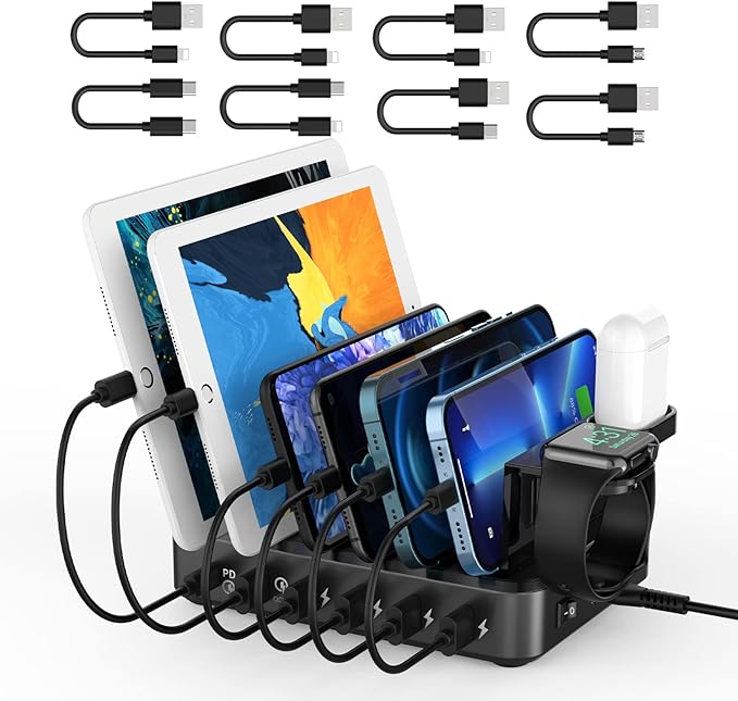 Ockered Charging Station for Multiple Devices 6 USB Fast Ports with 8 Short Mixed Cables