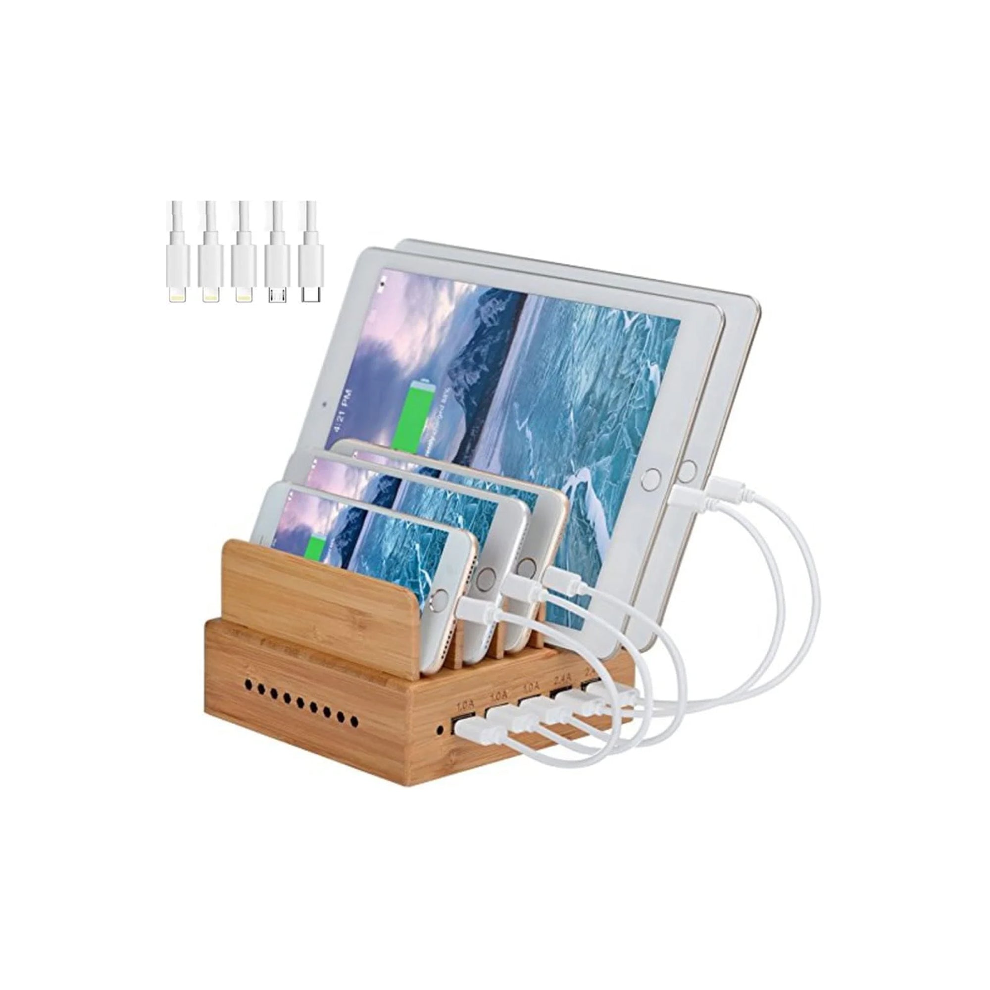 Yisen Bamboo 5 Port Desktop Charging Station USB Organizer for Phones and Tablets