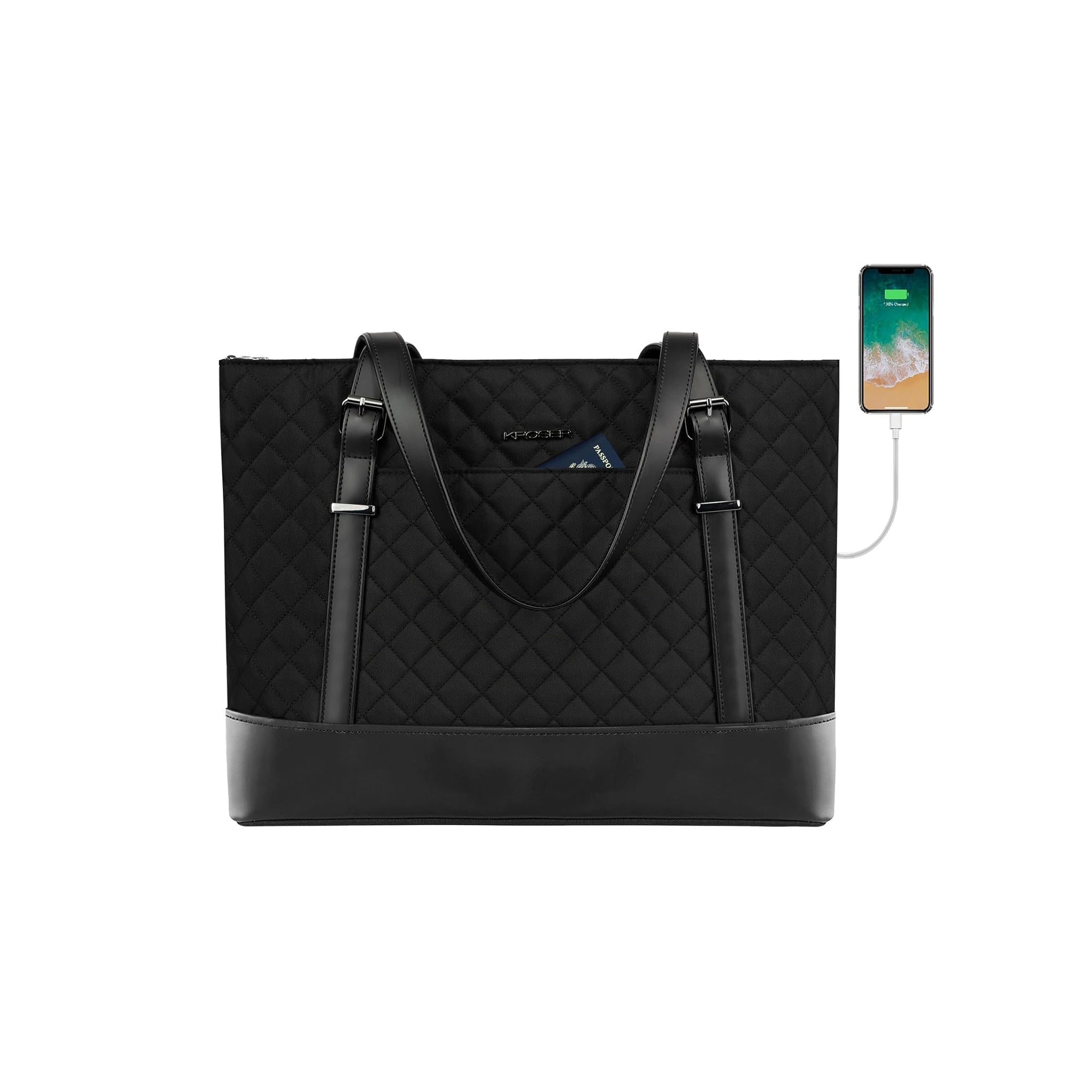 KROSER 15.6 Inch Laptop Tote Bag with USB Port – Quilted Work Shoulder Bag for Women, Office & Travel Laptop Case