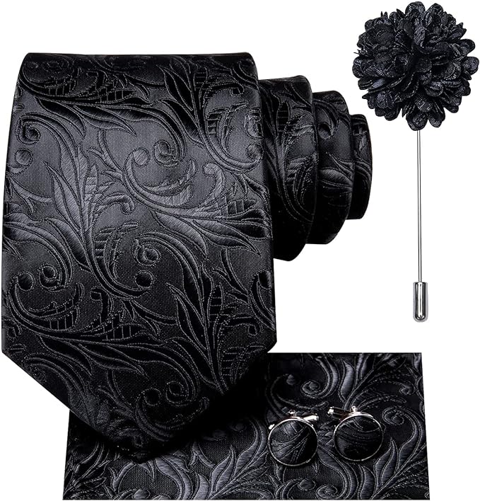 Dubulle Mens Tie and Lapel Pin Flower Silk Necktie Handkerchief Cufflinks 4pcs Set Solid Black Medium