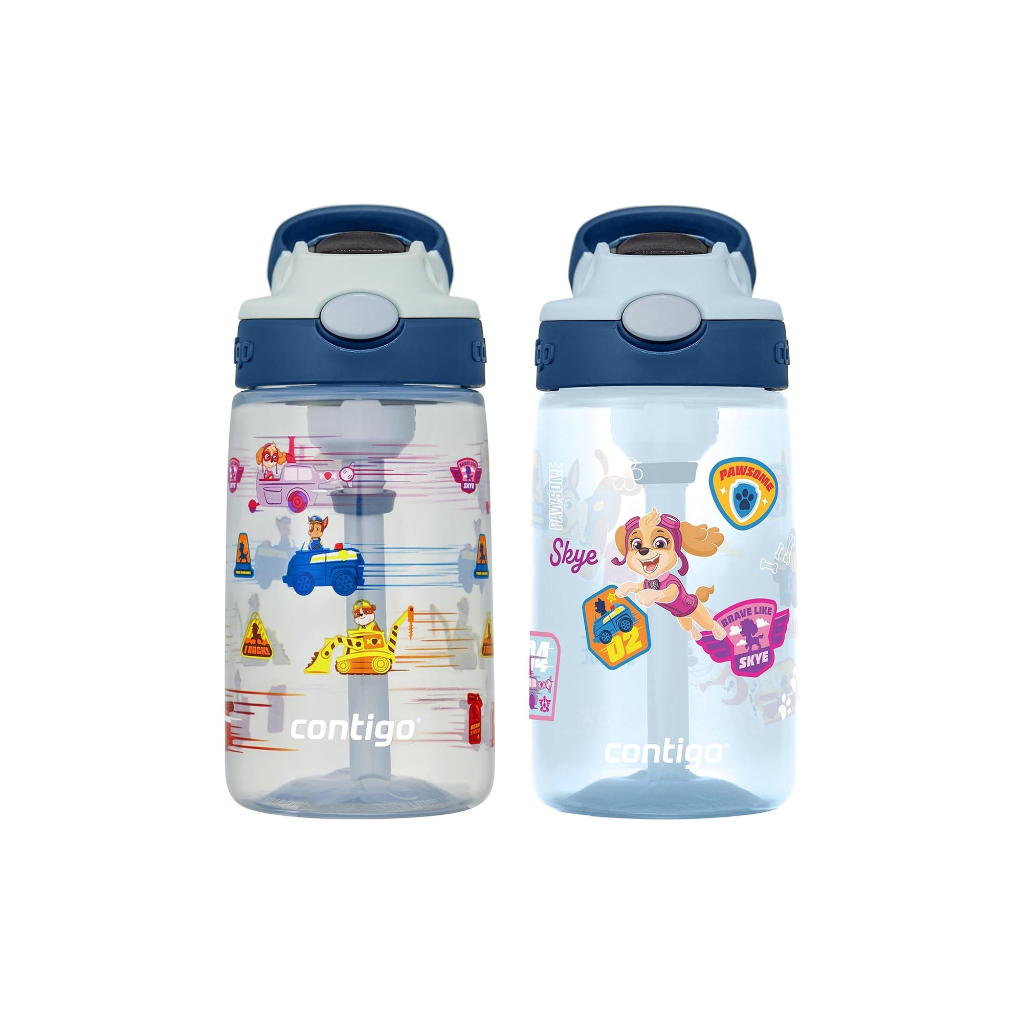 Contigo Paw Patrol Kids Water Bottles – 14 oz Plastic Bottles with Spill-Proof Lid & Silicone Straw, Aubrey Design (2-Pack, Dishwasher Safe)