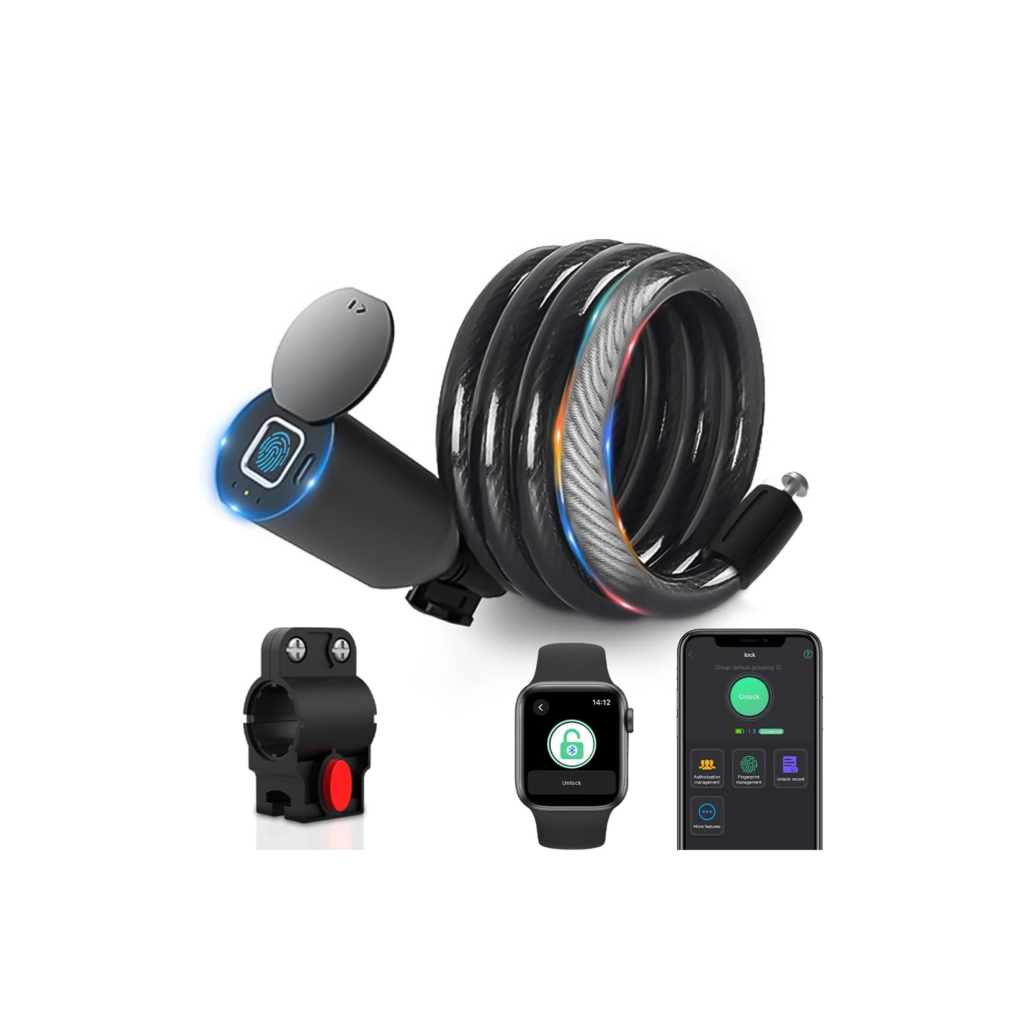 eLinkSmart Fingerprint Bicycle Cable Lock 150cm Waterproof Keyless Lock with App and Apple Watch Support
