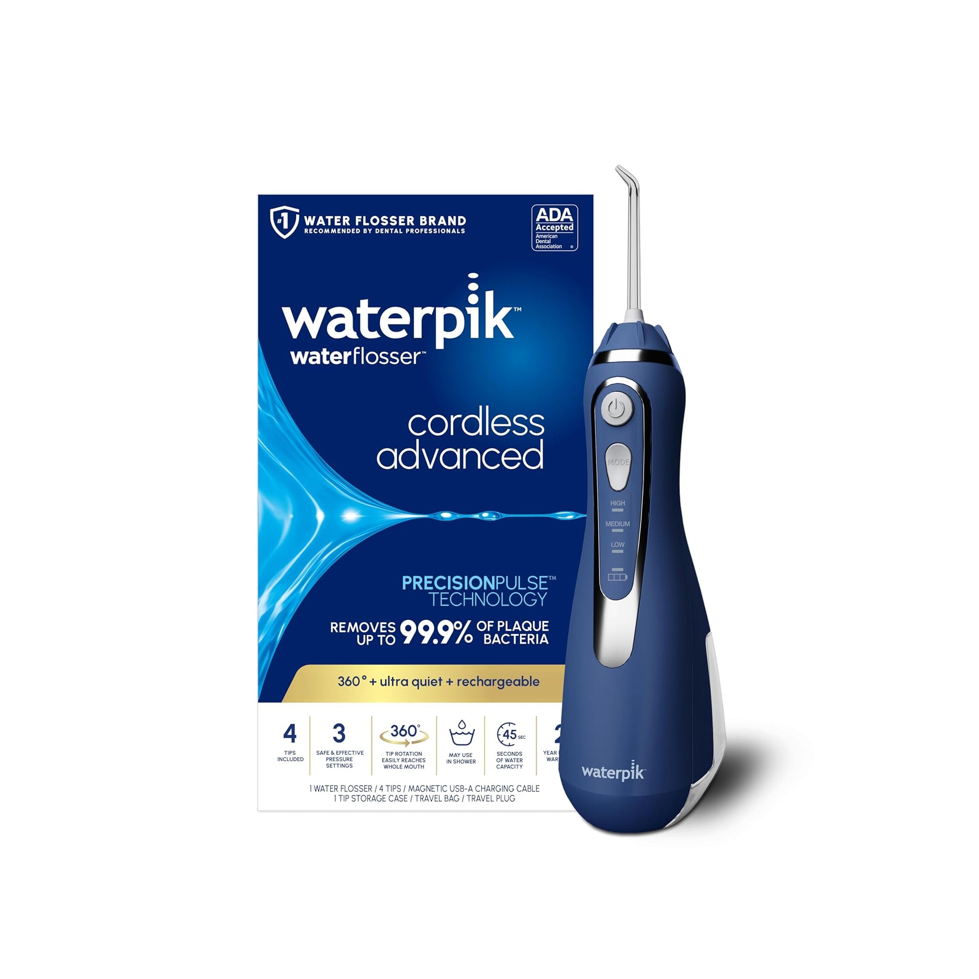 Waterpik Cordless Advanced 2.0 Water Flosser – Rechargeable Portable Oral Irrigator for Teeth, Gums & Braces with Travel Bag & 4 Tips, ADA Accepted