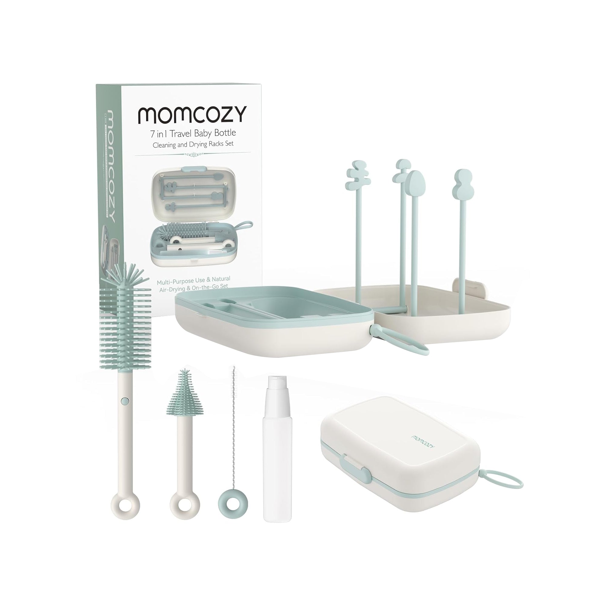 Momcozy Bottle Brush Set – 7-in-1 Baby Bottle Cleaning Kit with Silicone Brush, Nipple & Straw Brush, Soap Dispenser & Drying Rack for Home & Travel