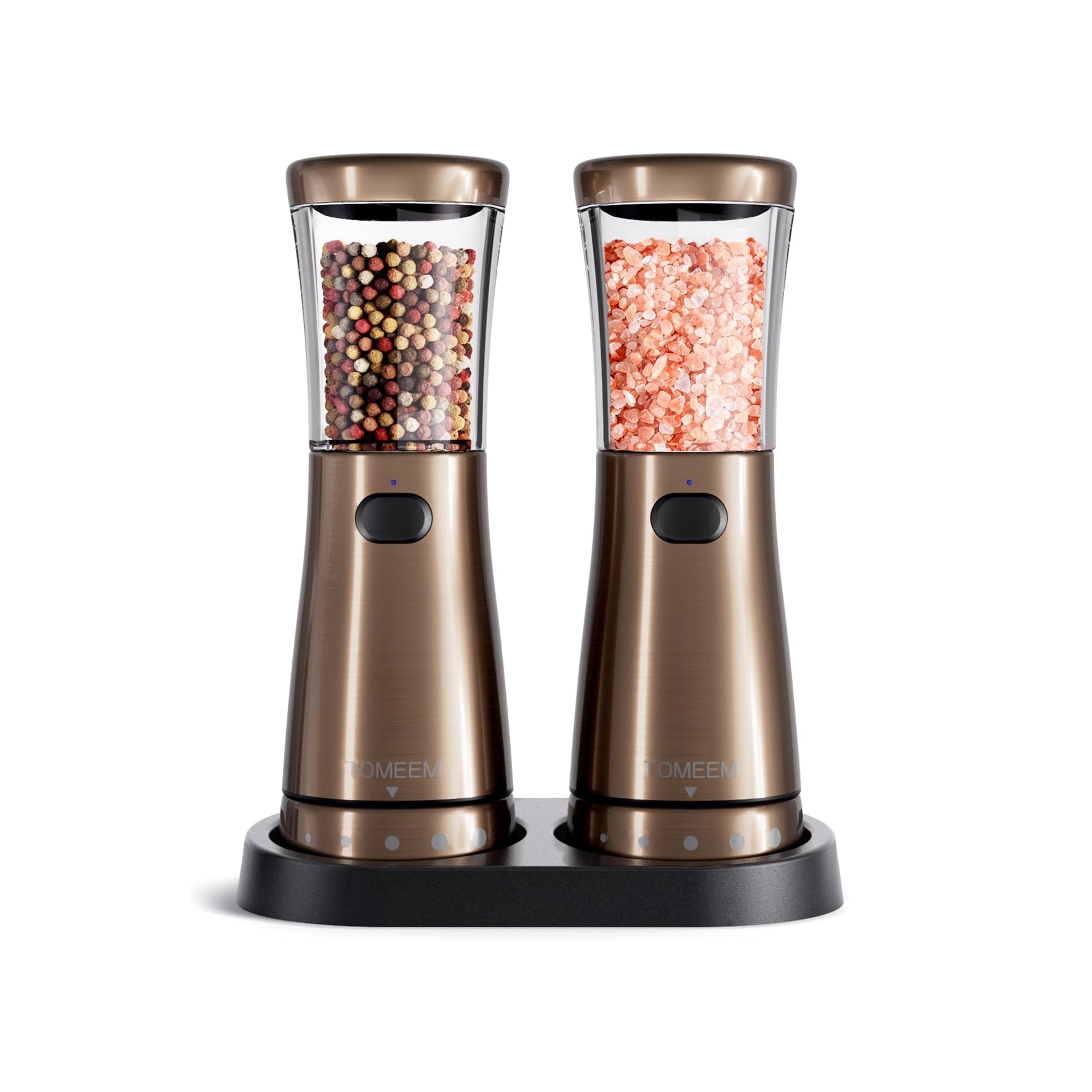Electric Salt and Pepper Mills Set of 2 Stainless Steel Bronze – Automatic Rechargeable Grinder Set with One-Touch Operation & Adjustable Coarseness