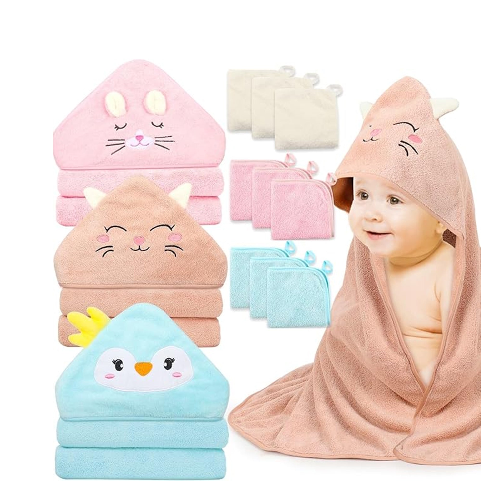 12-Piece Hooded Baby Towels Set – Soft Absorbent Bath Towels with 3 Washcloths & 9 Towels for Newborns (32 x 32 Inch)