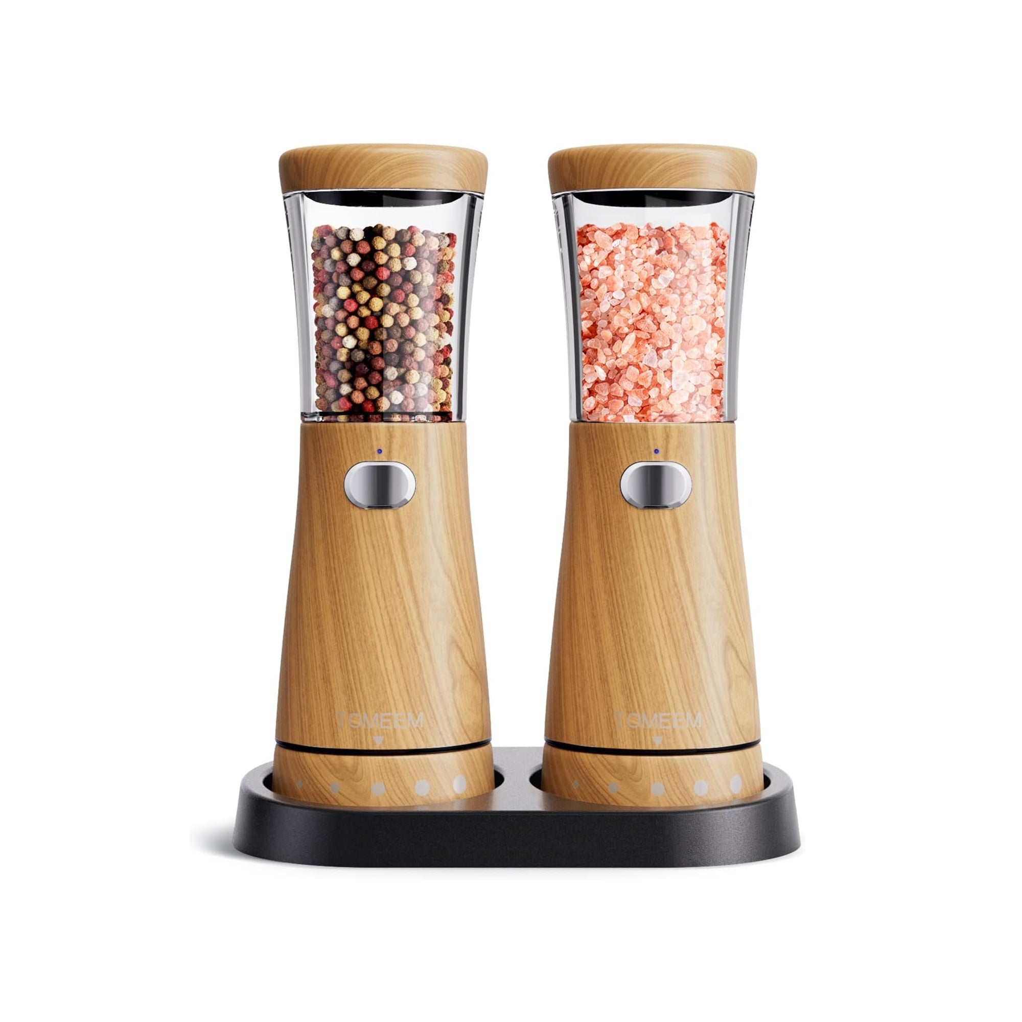 Electric Salt and Pepper Mills Set of 2 Stainless Steel & Wood – Automatic Adjustable Grinder Set with One-Touch Operation