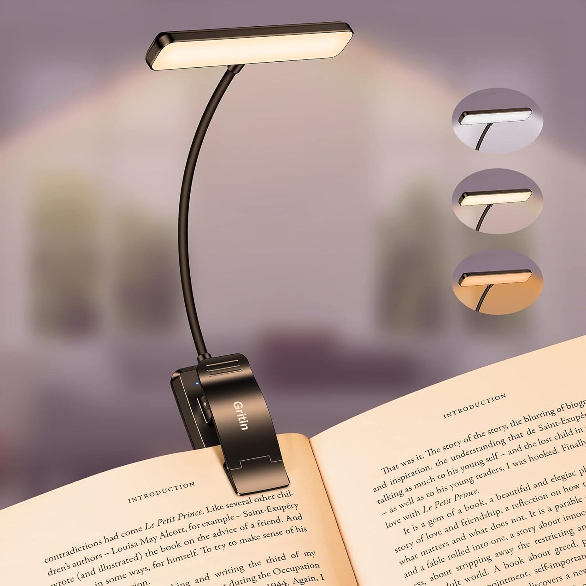Gritin Rechargeable 19 LED Book Light – Clip On Reading Light with 3 Color Temperatures, Stepless Dimming & 90H Battery Life