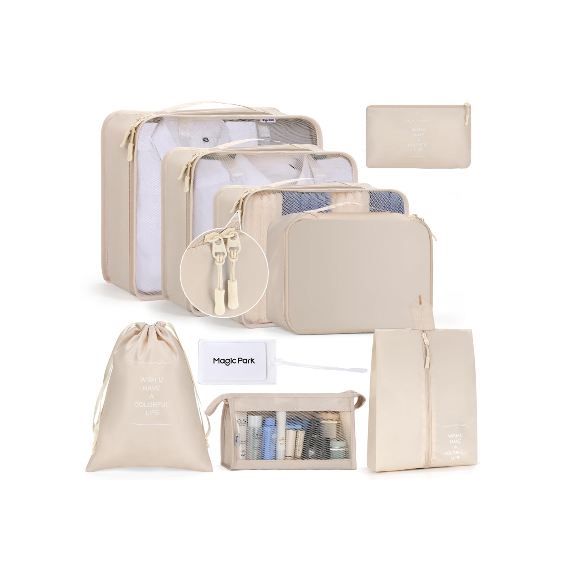 Magic Park® 8-Piece Packing Cubes Set – Travel Luggage Organizer Bags for Clothes & Shoes Storage (Beige)