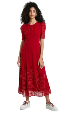 Desigual Womenƒ??s Woven Dress Short Sleeve Red M, Lightweight Breathable Fabric Dress, Artistic Detailing, Comfortable Feminine Fit, Elegant and Versatile for Daily and Summer Wear