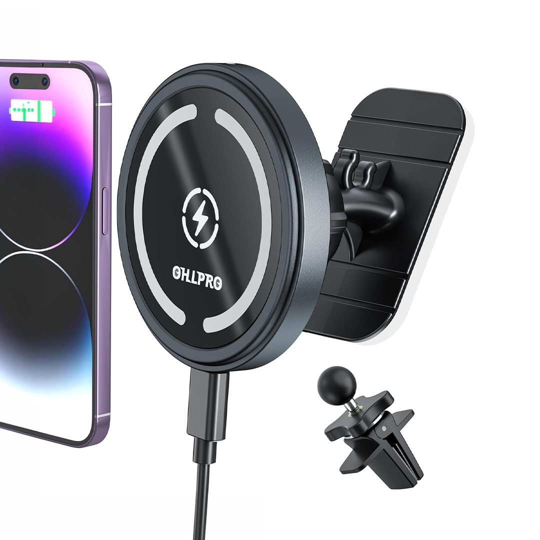 Magnetic Wireless Car Charger Mount - Dashboard Stick-On, MagSafe Compatible, Fast Charging for iPhone 12/13/14