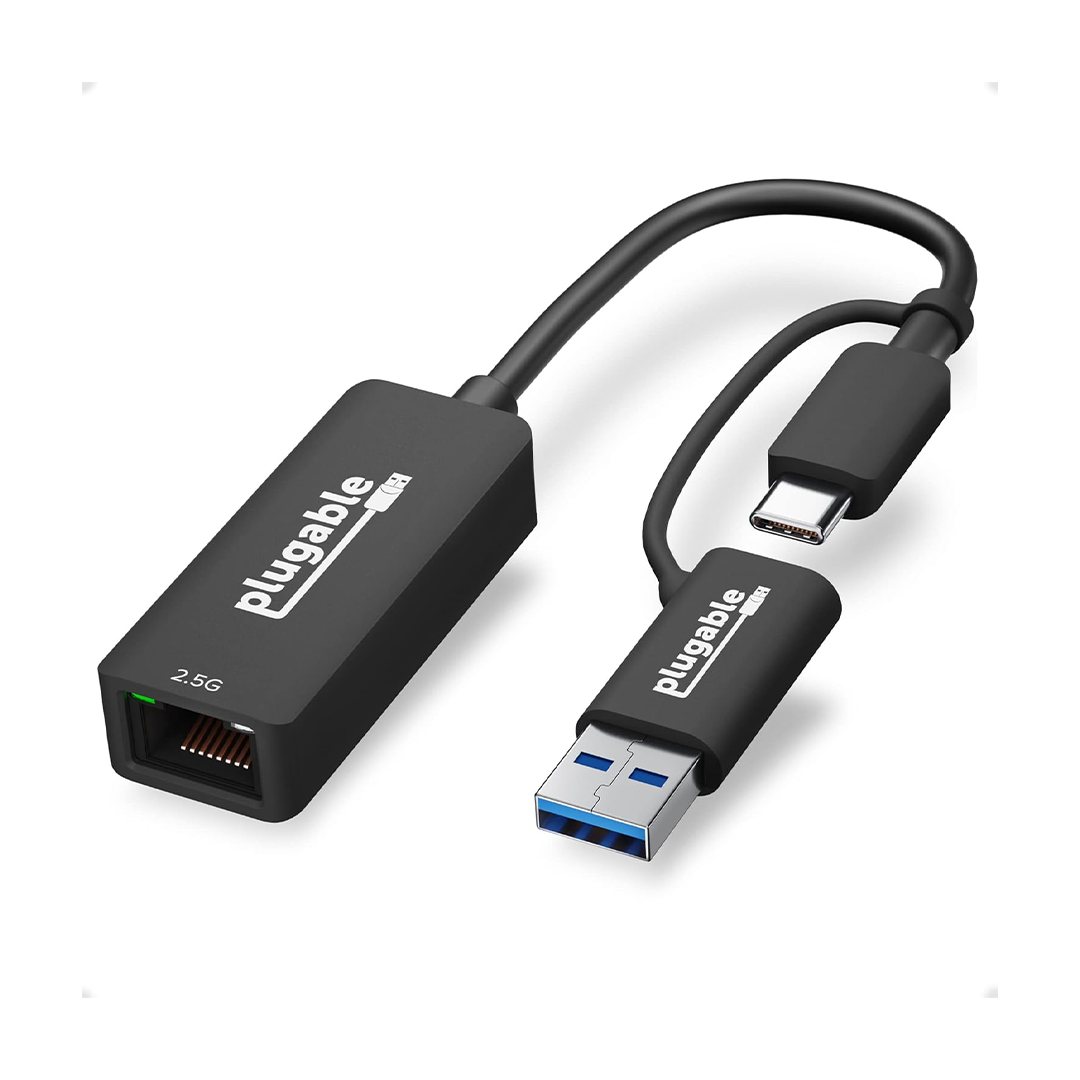 Plugable 2.5G USB C and USB to Ethernet Adapter, 2-in-1 Adapter Compatible with USB C/Thunderbolt 3 or USB 3.0, USB-C to RJ45 2.5 Gigabit LA