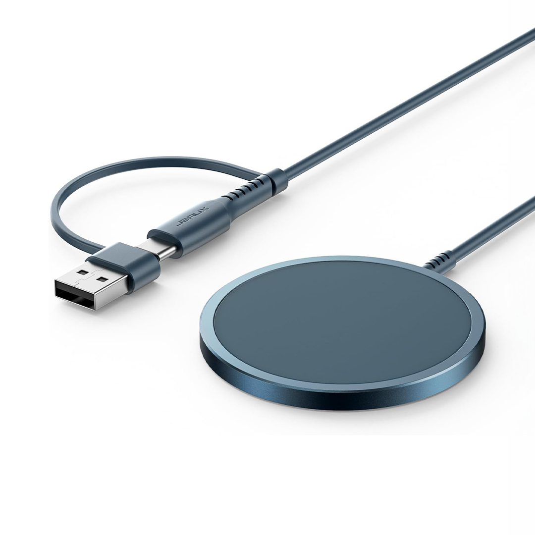 شاحن لاسلكي مغناطيسي متوافق مع MagSafe بقوة 15 واط من JSAUX لهواتف ايفون 15 و 14 و 13 و 12 وسماعات ايربودز، أزرق