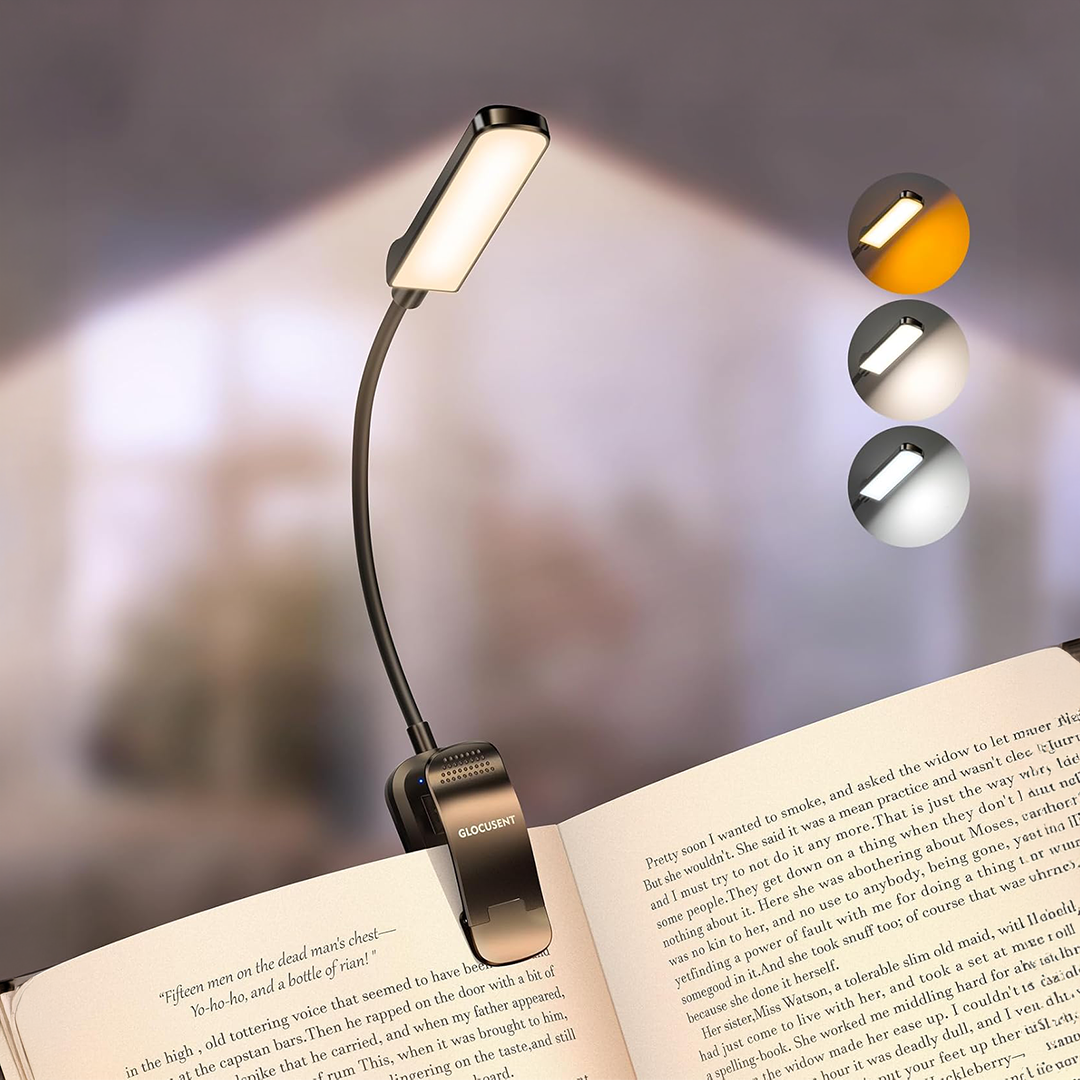 مصباح كتاب قابل لإعادة الشحن من جريتين 19 لمبة LED بمشبك إضاءة للقراءة بثلاث درجات حرارة ألوان، تعتيم مستمر وعمر بطارية 90 ساعة