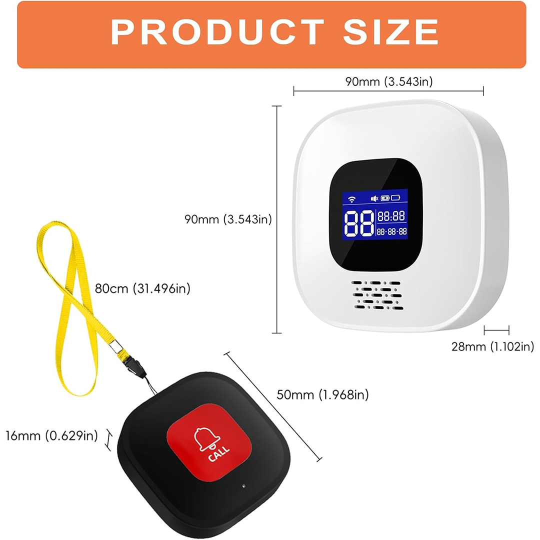 Wireless Caregiver Pager Smart Call System with SOS Panic Buttons & Receiver, Elderly Monitoring Life Alert System (2 Call Buttons + 1 Receiver)