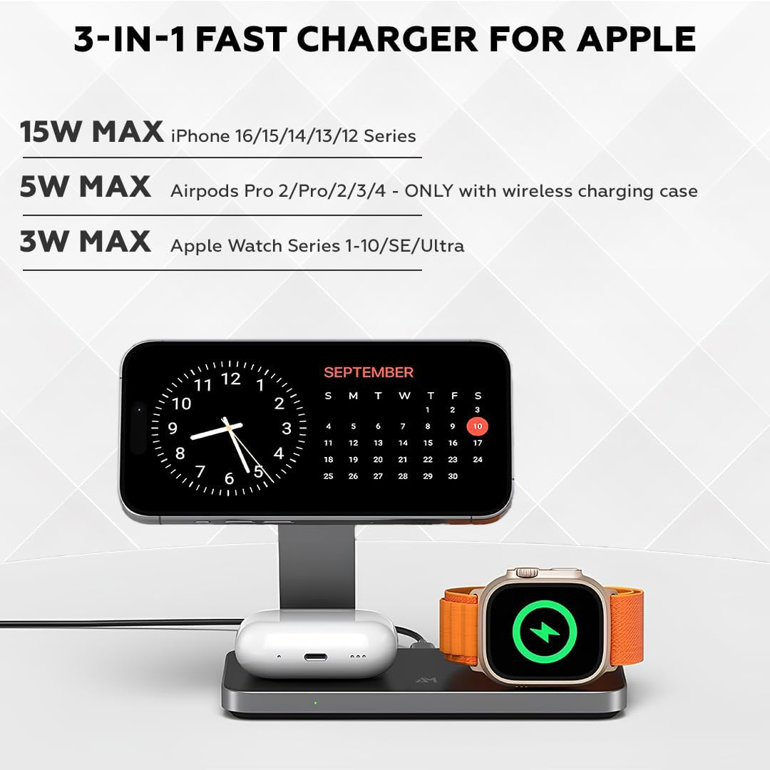 محطة شحن لاسلكية قابلة للطي 3 في 1 متوافقة مغناطيسيًا مع MagSafe لسلسلة هواتف iPhone 16/15/14/13/12 وApple Watch وAirPods Pro، لون أسود