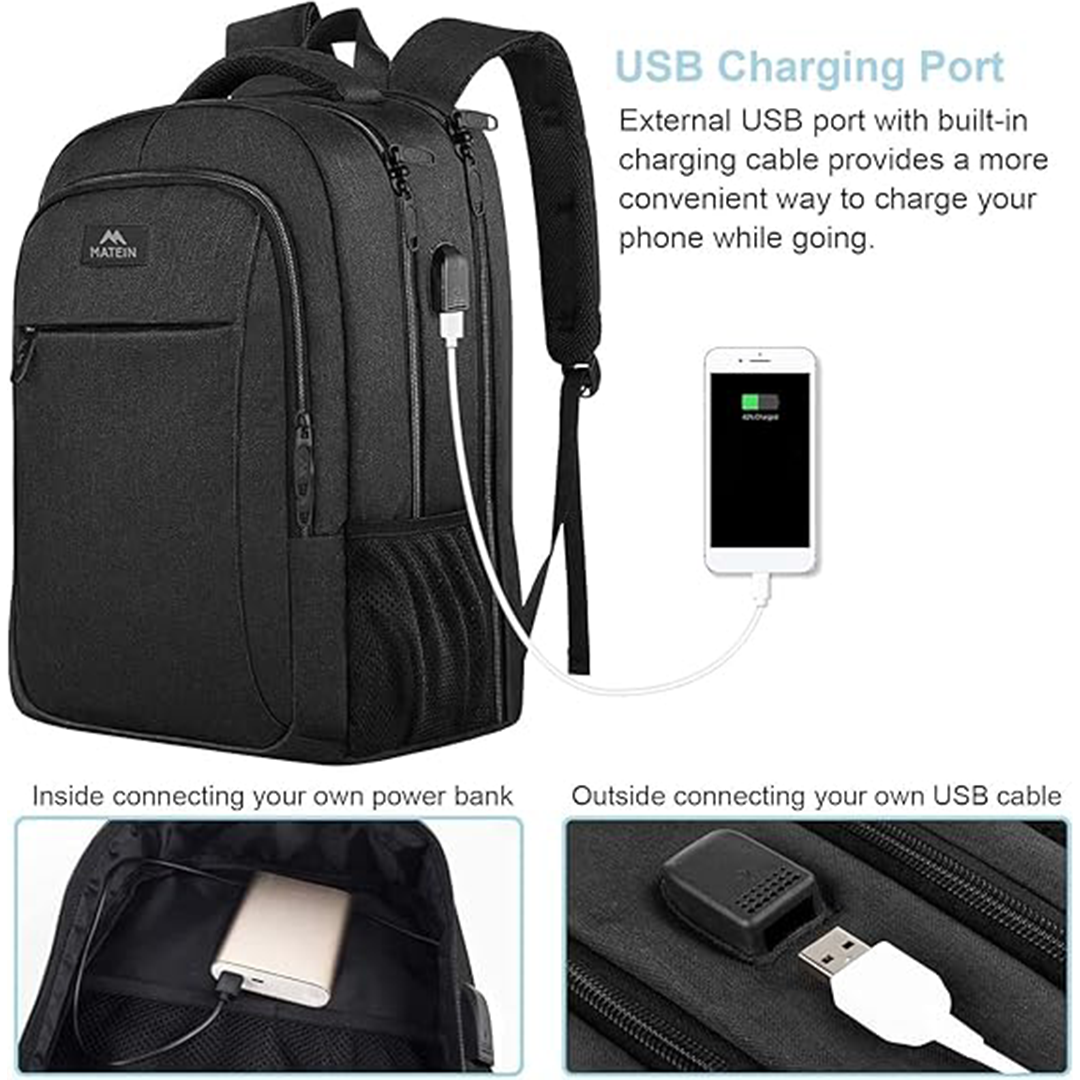 حقيبة ظهر للابتوب للأعمال من ماتين 15.6 بوصة، حقيبة ظهر للسفر مع منفذ شحن USB، حقيبة ظهر للابتوب مقاومة للماء للاستخدام اليومي في العمل