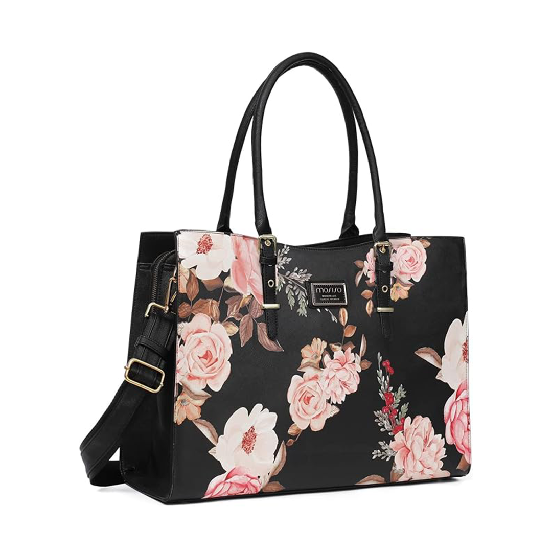 MOSISO Laptop Tote Bag Compatible with MacBook Pro 16 inch 2021 M1 A2485 / 2019-2020 A2141 & 15-15.6 inch Notebook, Peony Waterproof PU Leat
