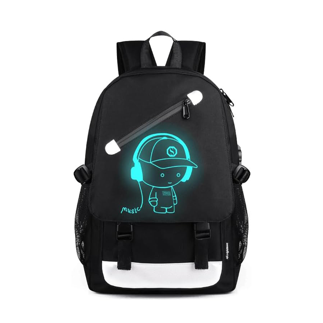 شنطة ظهر انمي مضيئة فلايمي للأولاد، شنطة ظهر للابتوب مقاس 15.6 بوصة مع منفذ شحن USB، شنطة كتب للمدرسة مع قفل مضاد للسرقة، أسود