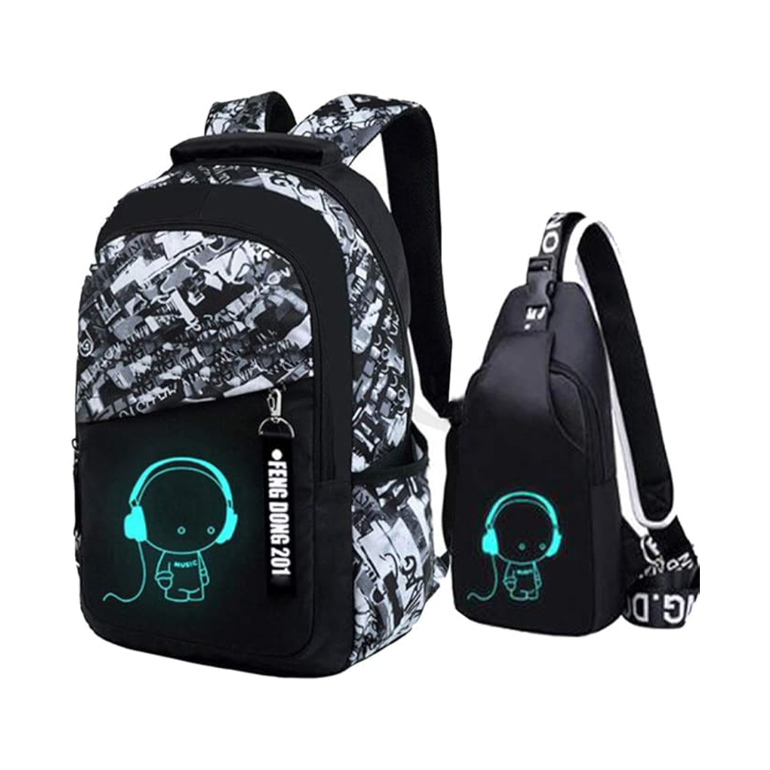 Oxford Fabric School Backpack for Boys - Grey Teenager Daypack with Print & Reflective Strips