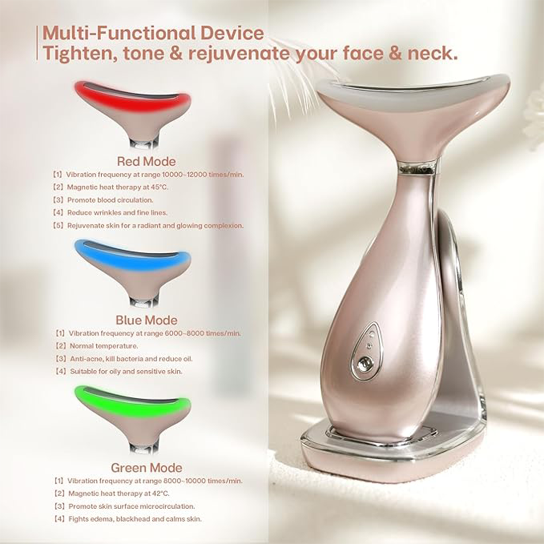 VRAIKO LILY Neck & Face Massager Skin Sculpting Device with Thermal, Triple-Action LED & Vibration for Anti-Aging, Lifting & Tightening (Rose Gold)