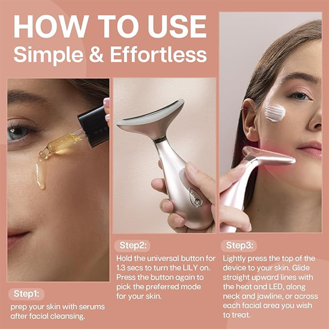 VRAIKO LILY Neck & Face Massager Skin Sculpting Device with Thermal, Triple-Action LED & Vibration for Anti-Aging, Lifting & Tightening (Rose Gold)