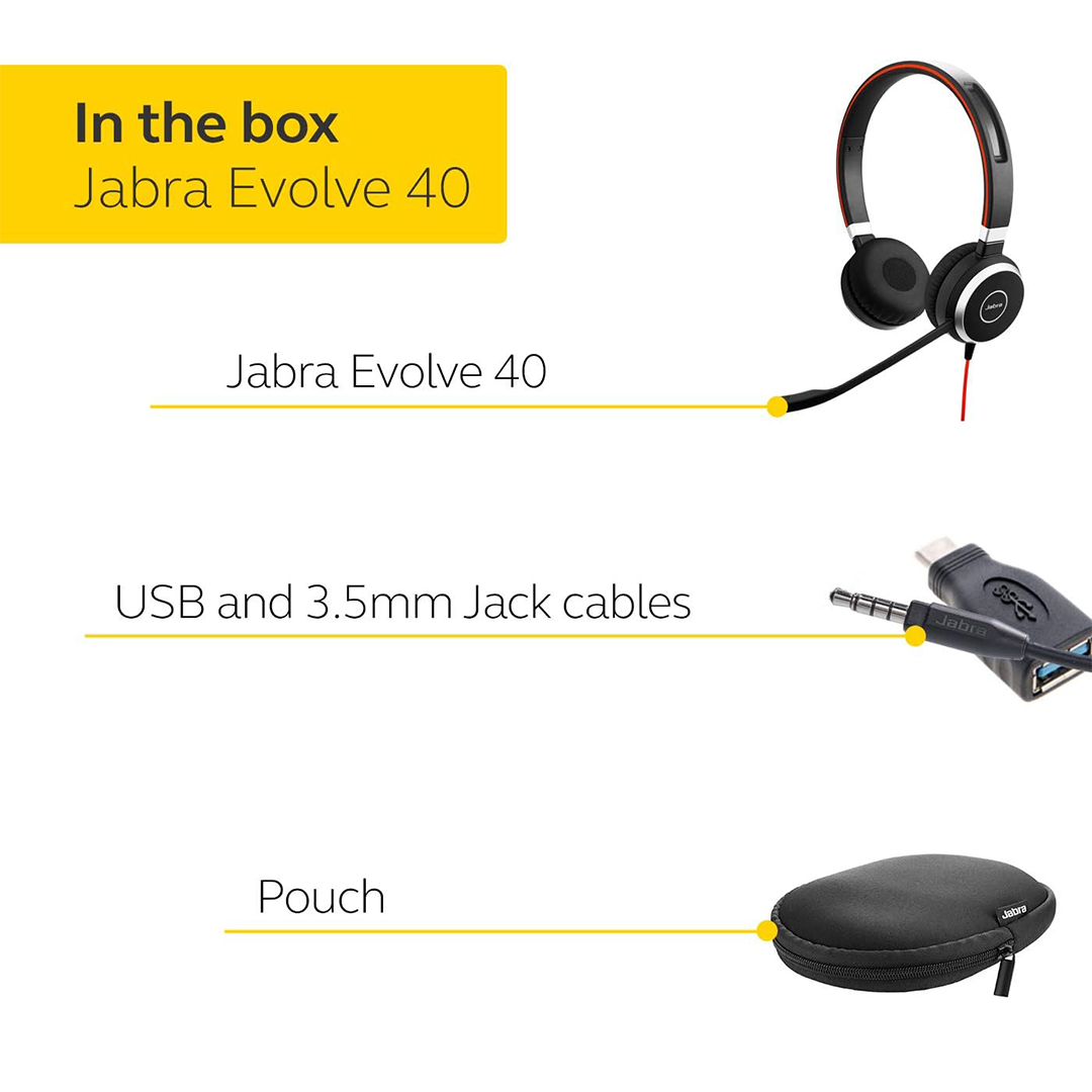 Jabra Evolve 40 MS Stereo USB Headset - Wired with Noise-Cancelling Microphone for PC Calls & Meetings