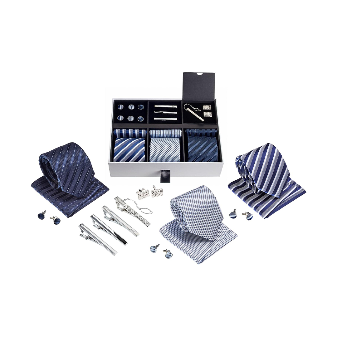Premium Men’s Gift Tie Set Silky Necktie with Pocket Square, Tie Clip & Cufflinks | Formal Business Wedding Accessories Set