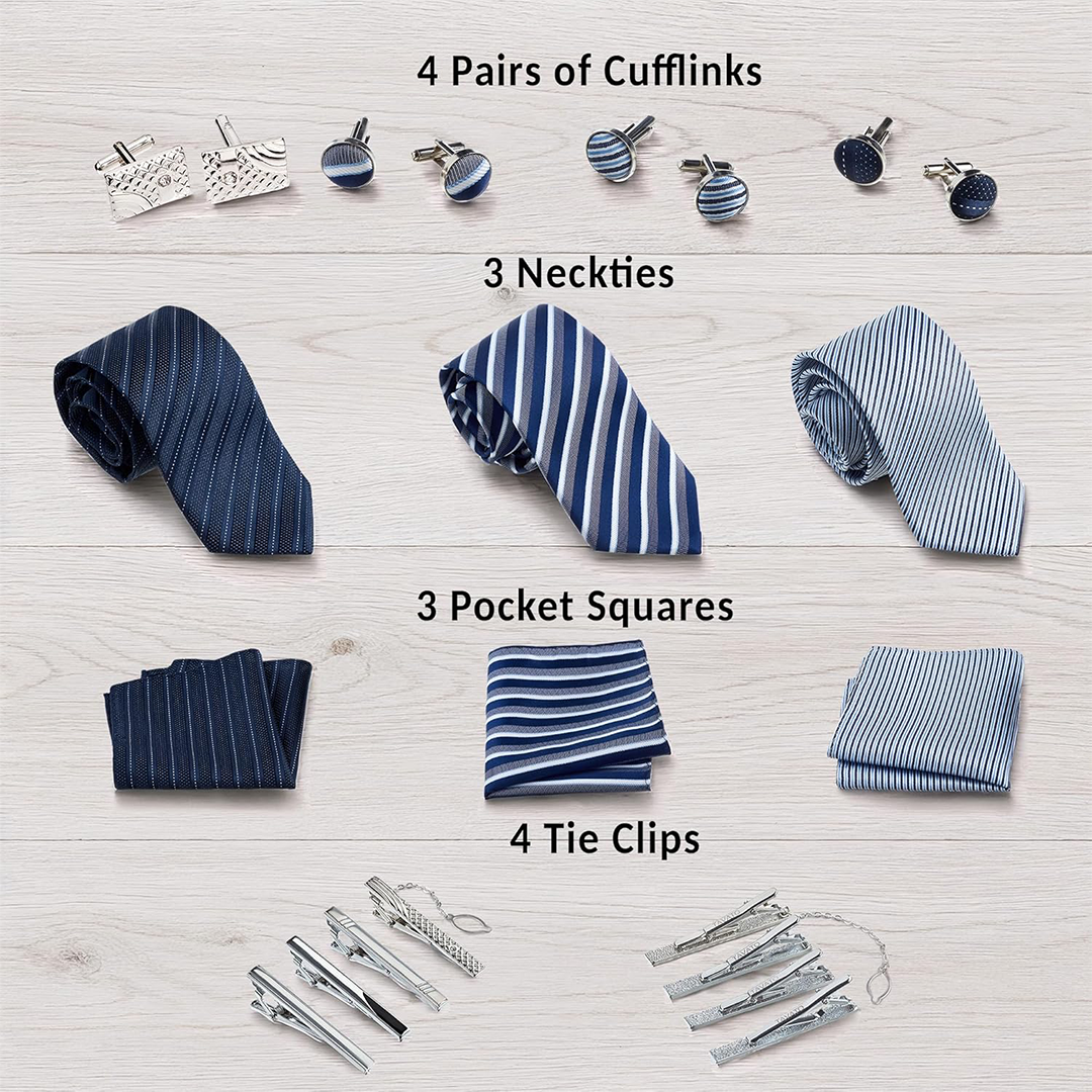 Premium Men’s Gift Tie Set Silky Necktie with Pocket Square, Tie Clip & Cufflinks | Formal Business Wedding Accessories Set