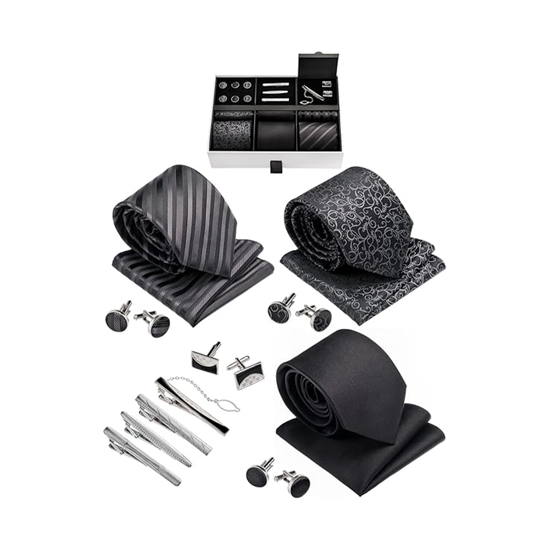 Premium Mens Gift Tie Set - Silky Necktie with Pocket Square, Tie Clip & Cufflinks