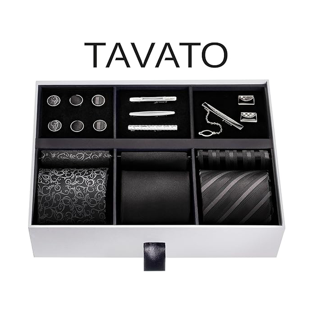Premium Mens Gift Tie Set - Silky Necktie with Pocket Square, Tie Clip & Cufflinks