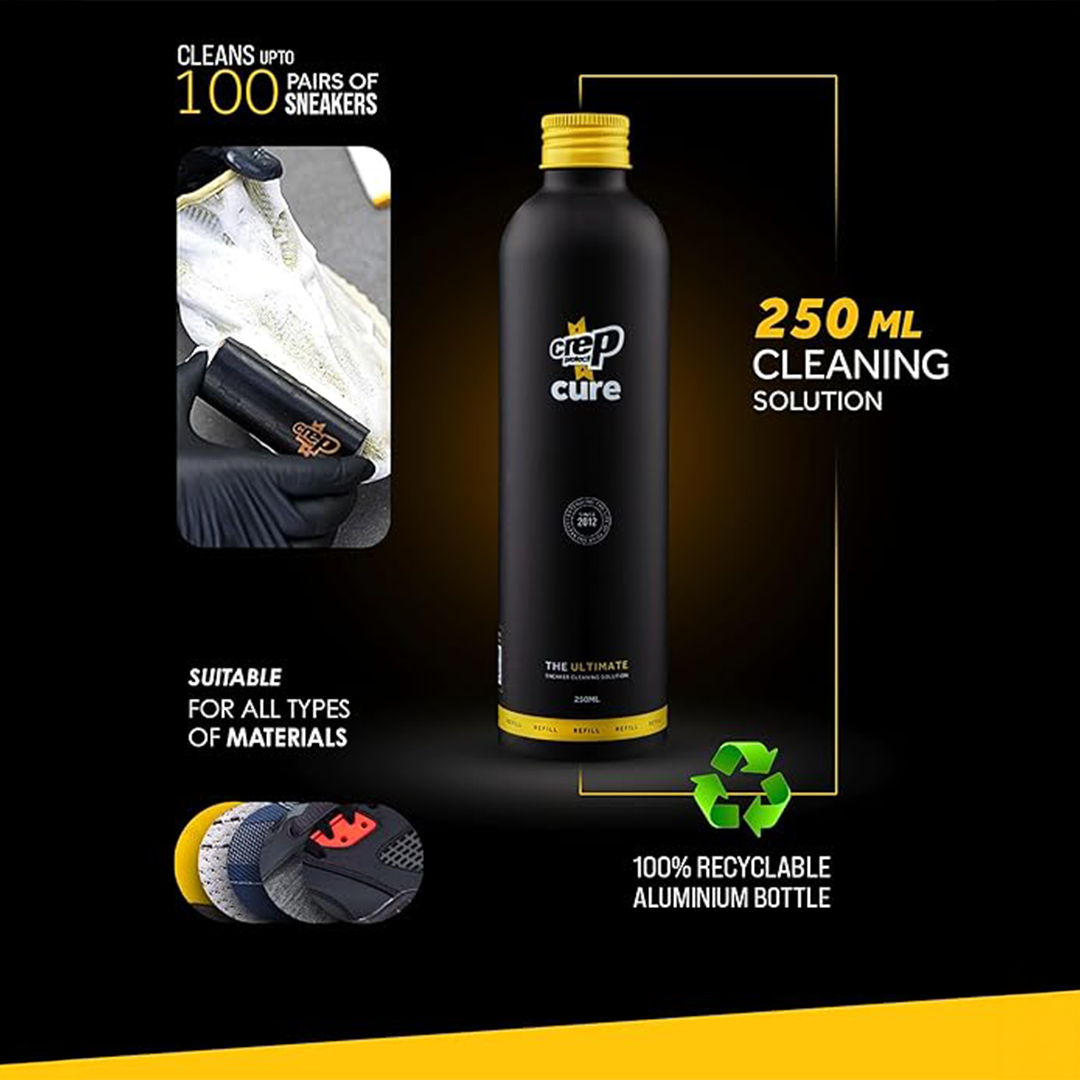 عبوة إعادة تعبئة منظف الأحذية Crep Protect CURE سعة 250 مل، محلول تنظيف الأحذية الأمثل للأحذية الرياضية والأحذية الأخرى.